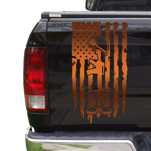 Battlefield Cross Fallen Soldier Tribute Helmet Boots Dog Tags Distressed American USA US Flag Truck Tailgate Vinyl Decal Compatible with Most Pickup Trucks (11" x 20", Copper (Metallic))