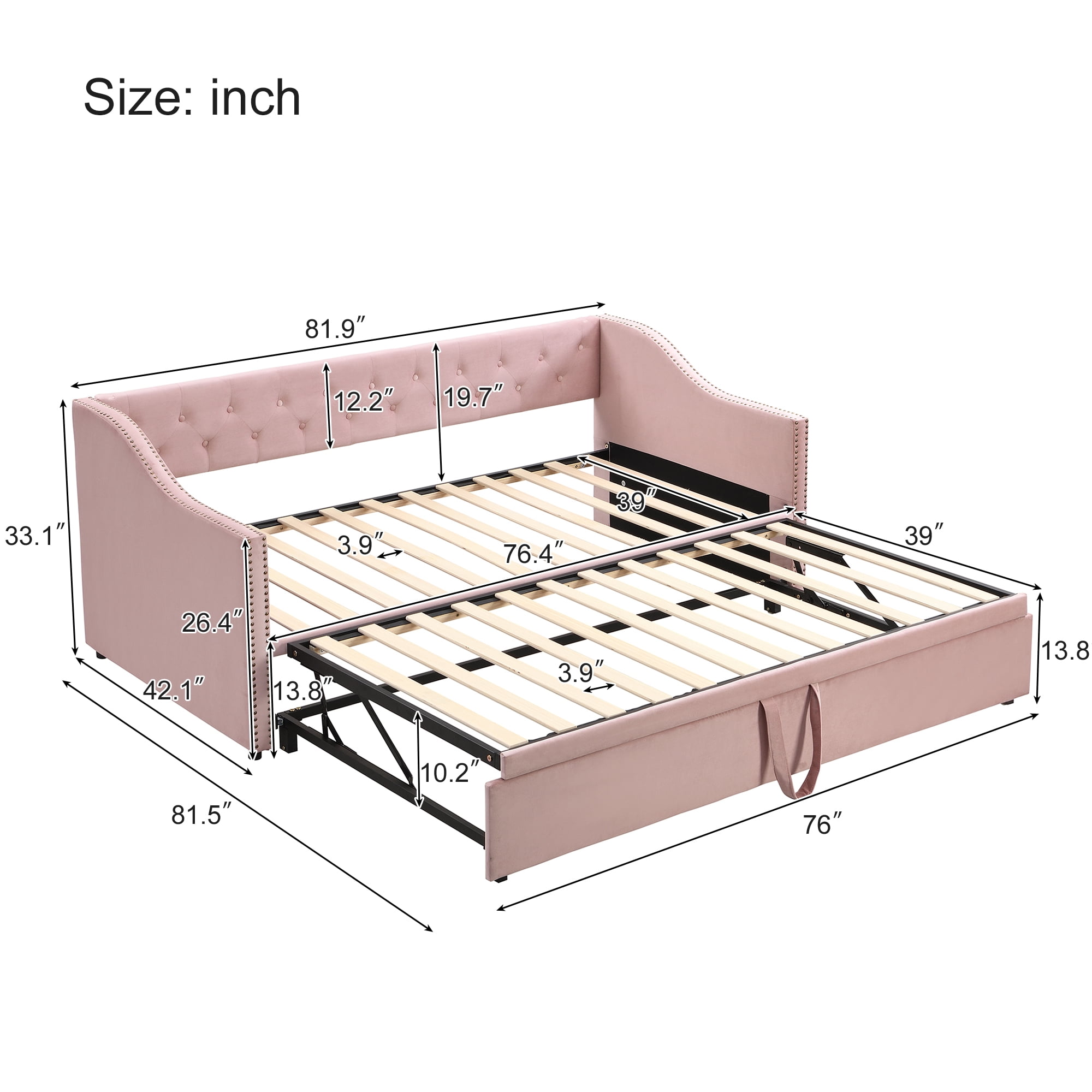 Aukfa Twin Daybed with Pop-Up Trundle, Velvet Upholstered Bed Frame with Button Tufted Back and Nailhead Trim, Space Saving Guest Bed for Kids Room/Living Room, Pink