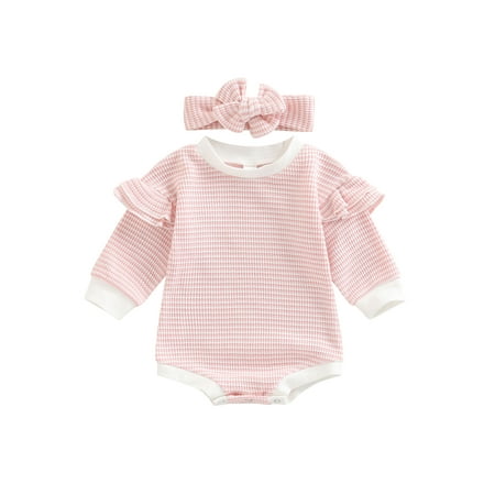 

xingqing Newborn Baby Girl Ruffle Sweater Romper Knit Crewneck Sweatshirt Long Sleeve Onesie Cute Outfits Fall Clothes Pink 6-12 Months