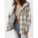 thumbnail image 5 of Chaqueta de Cuadros para Mujer, Larga, Botones, Capucha de Forro , Abrigo Cálido Gris-Amarillo S, 5 of 7