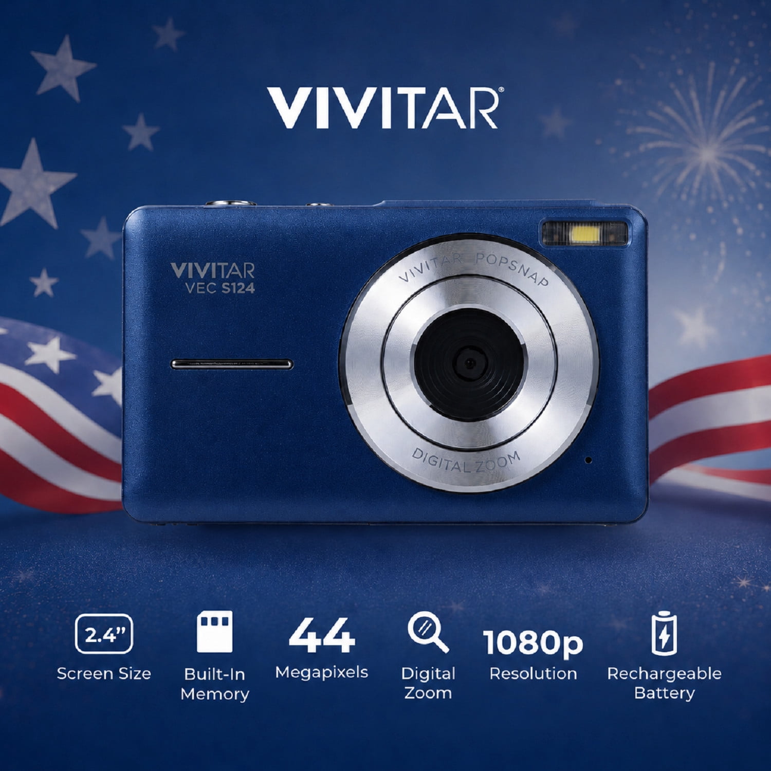Vivitar PopCam America 250 Digital Camera – USA Celebration Edition, Old Glory Blue, 48MP Camera with Full HD 1080P Video, 3" Flip Screen, 16X Zoom Compact Vlogging Camera with Built-in Mic