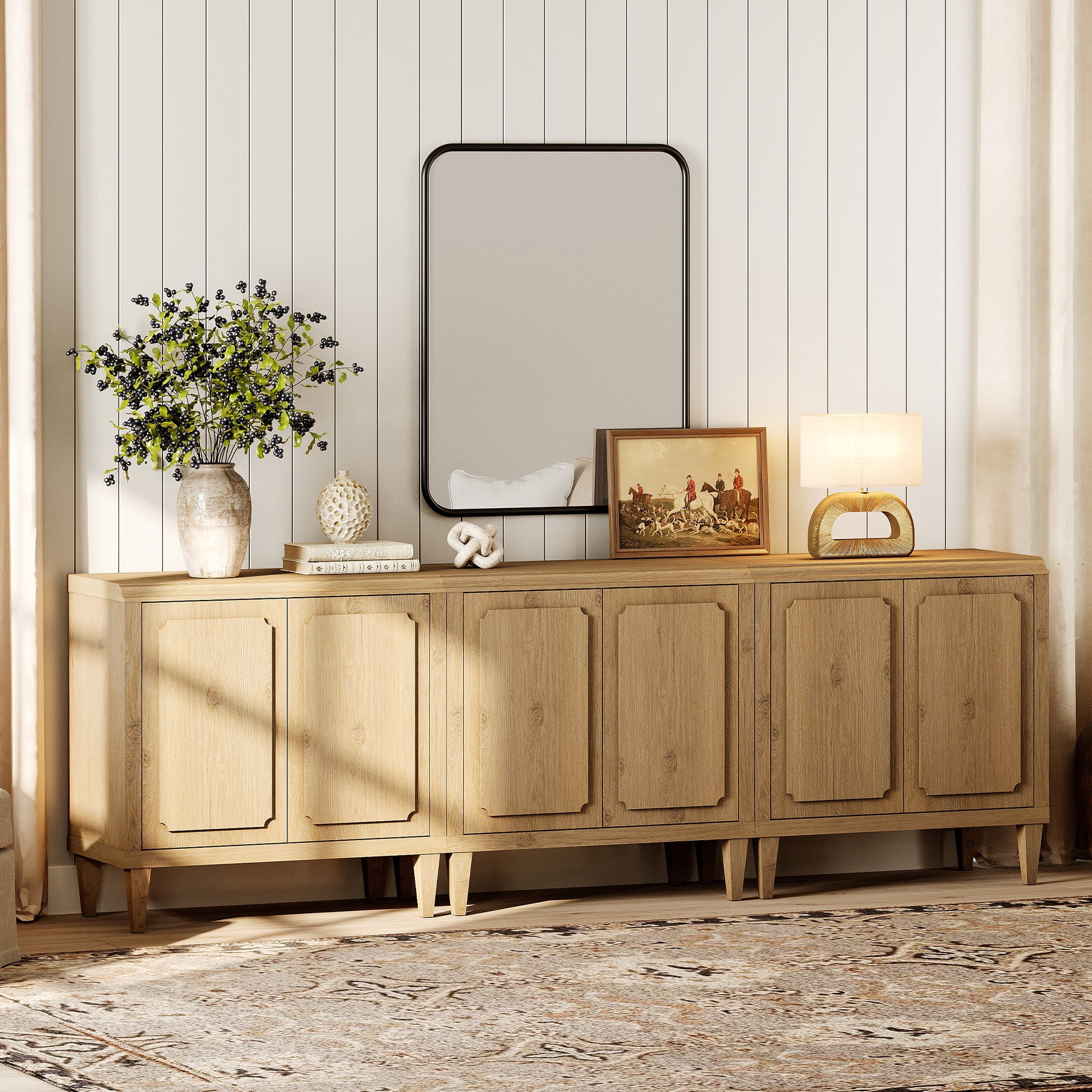 94.5" Modern Buffet Cabinet with Storage, Oak Kitchen Sideboard with Embossed Doors, Oak