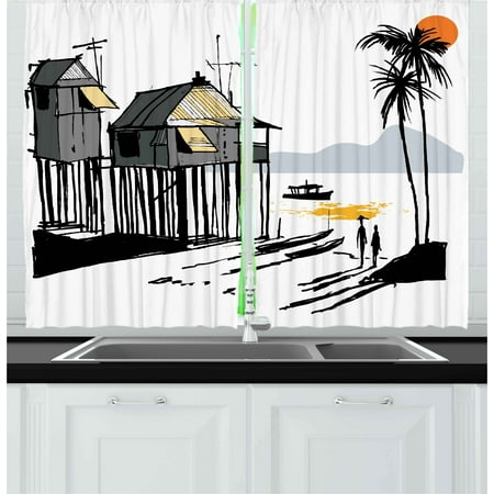 Elegant Coastal Living Rooms Coastal Curtains 2 Panels Set, Sketchy Fishing Village Malay in Singapore with Houses Canoe Palms Sun Print, Window Drapes for Living Room Bedroom, 55W X 39L Inches, Black Grey Orange, by Ambesonne ()