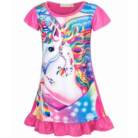 Jurebecia Girls Nightgowns Unicorn Sleepwear Night Sleep Dress Flutter Sleeve Pajamas Little Kids Toddler Soft Nightgown Rose Red 120 cm 4-5 Years