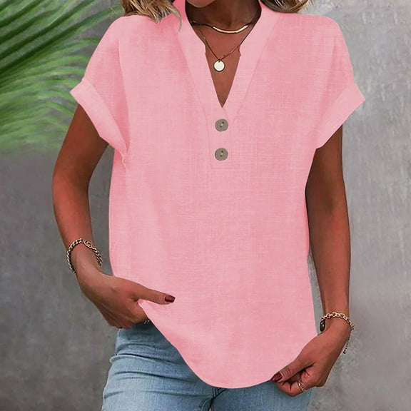 WCJM Women's Short-Sleeve Scoop Neck T-Shirt Dress Women's Short Sleeve T-Shirt Women's Fashionable Casual Cotton Linen V Neck Button Short Sleeved Tops T Shirt
