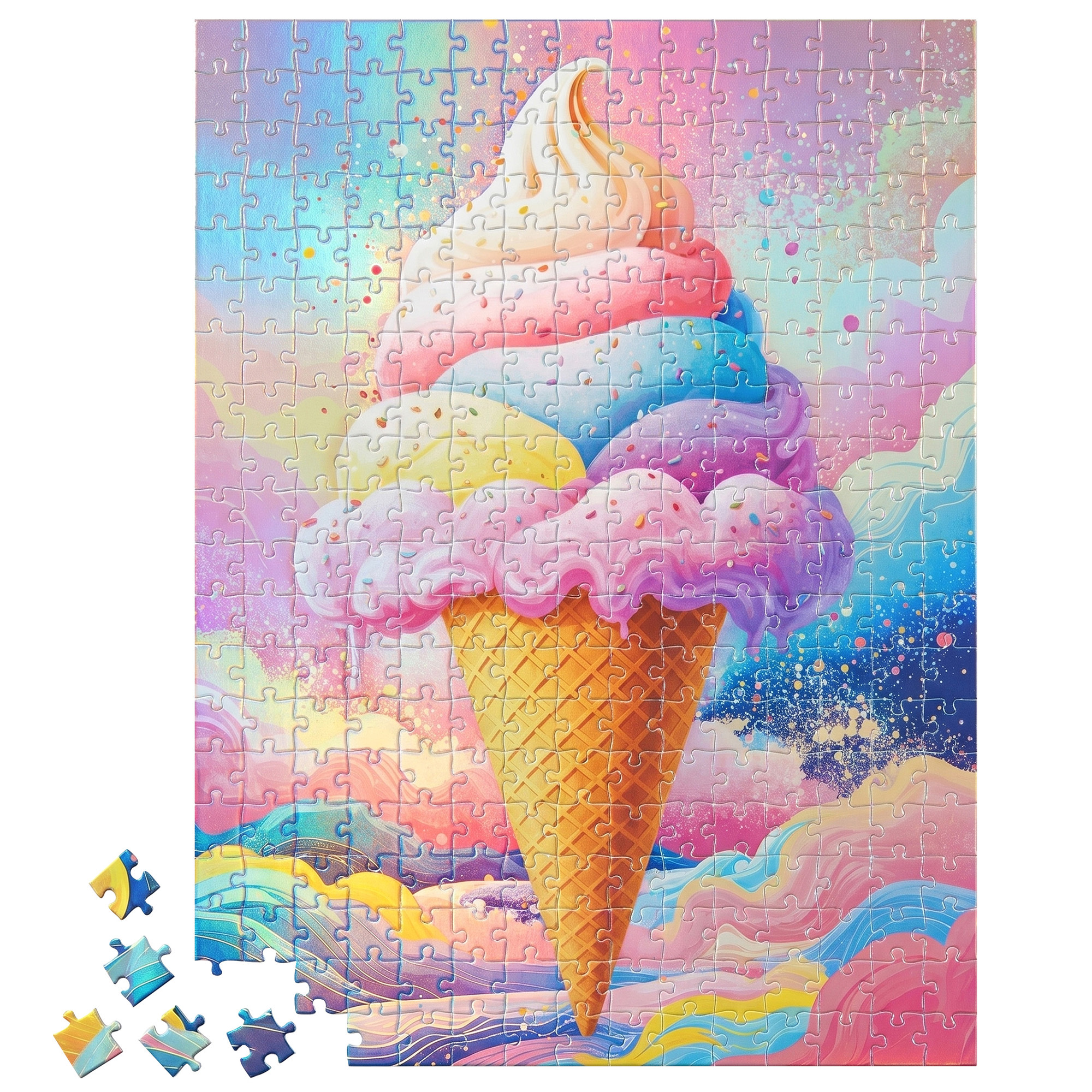 Vivid by Brea Reese: 300 Piece Puzzle - Ice Cream - Pastel Dessert Cloud Sky Scene Jigsaw, Holographic Foil, Soft-Touch Pieces, Image Reference Poster