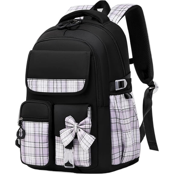 Ludolm Cute Stylish Plaid Backpack, Large Bookbags Lightweight and Waterproof,Black
