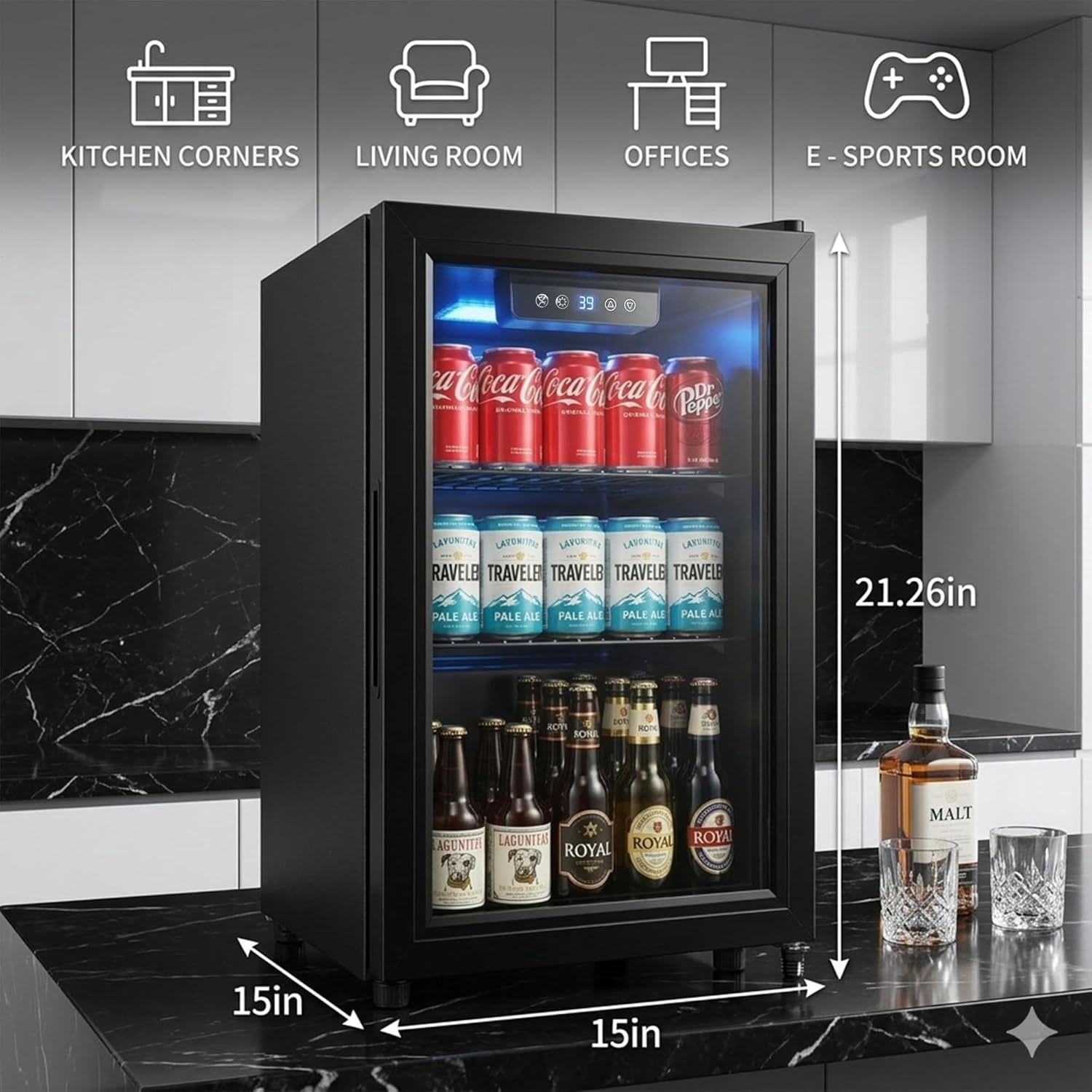 1.8 Cu Ft Mini Fridge, 70 Can Beverage Refrigerator with Glass Door, Digital Temperature Control, Quiet Cooler for Beer, Soda, Wine, Office, Dorm