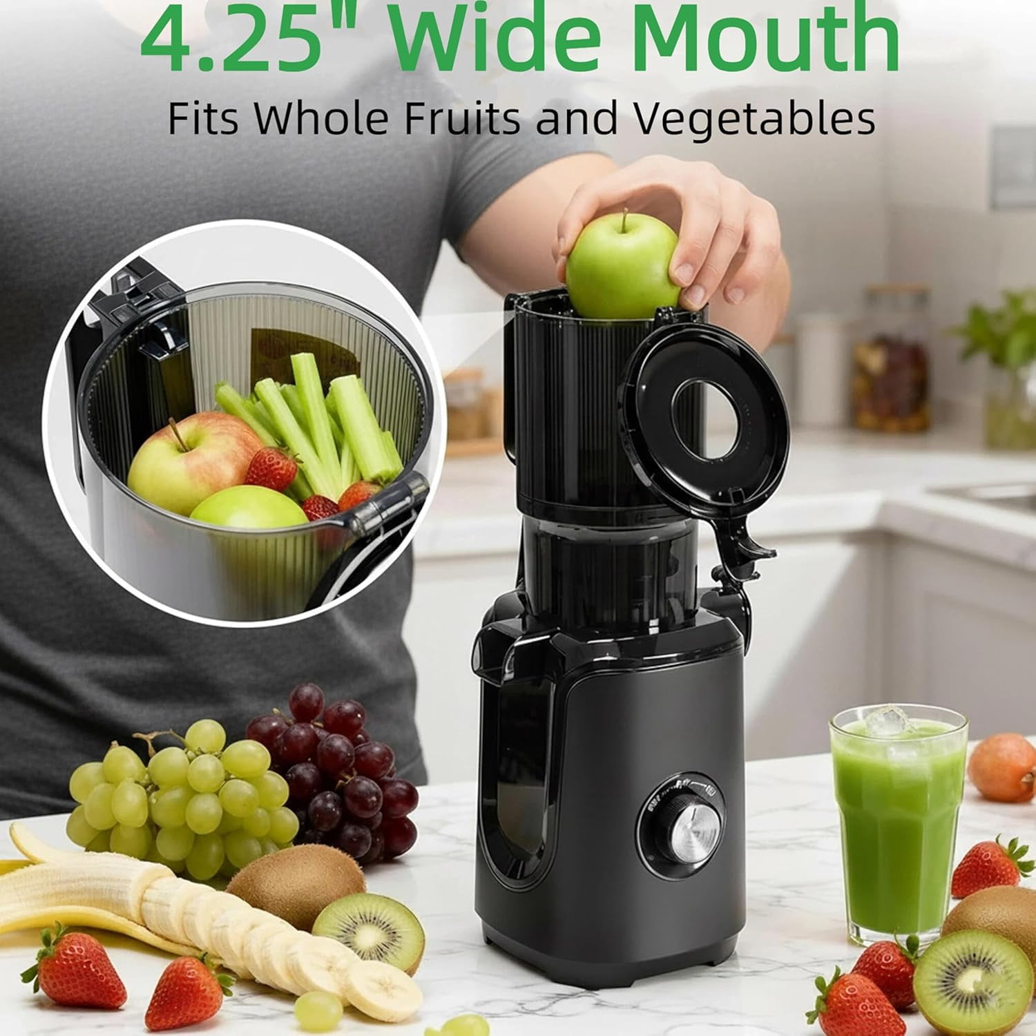 Cold Press Juicer Machines, Slow Masticating Juicer with Wide Feed Chute, High  Yield and  for Whole Fruits and Vegetables, Easy to Clean, Black