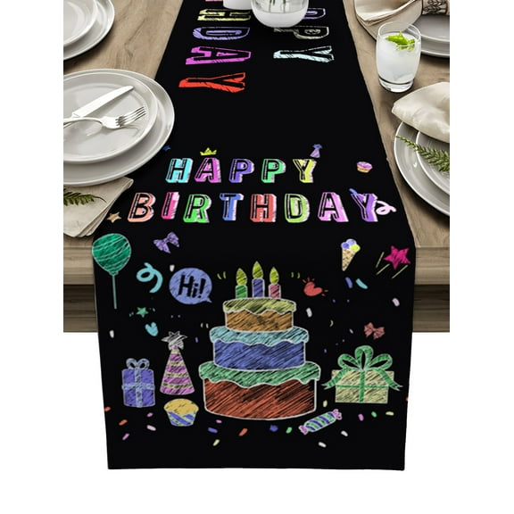 Happy Birthday Table Runner Birthday Gifts Cake Balloons Black Tablerunners 13 x 108 Inch, Table Decorations Tabletop Scarf for Summer Gathering Holiday Farmhouse Kitchen Dining Decor