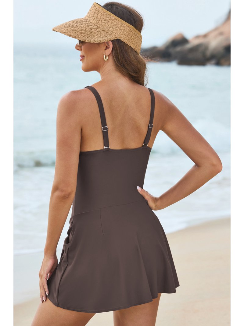 dressy swimsuit top brown dress Chase Secret Women One Piece Tummy Control Swimdress Swimwear Tie Knot Swim Dresses Skirt Bathing Suit Size:L - XL Fit and Flare Midi blue/navy over ruching for a