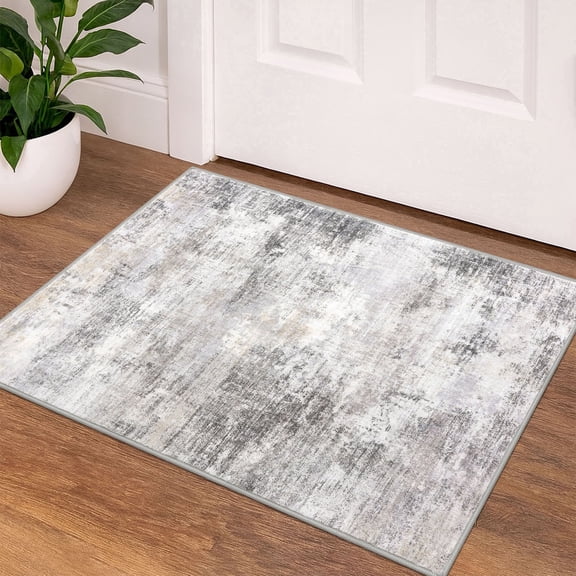 iOhouze Throw Rug with Rubber Backing Abstract Small Area Rugs 2x3 Washable Rugs Non Slip Low Pile Soft Printed Faux Wool Door Mat for Entrance Entryway Foyer Kitchen Bedroom, Ash Grey/Beige