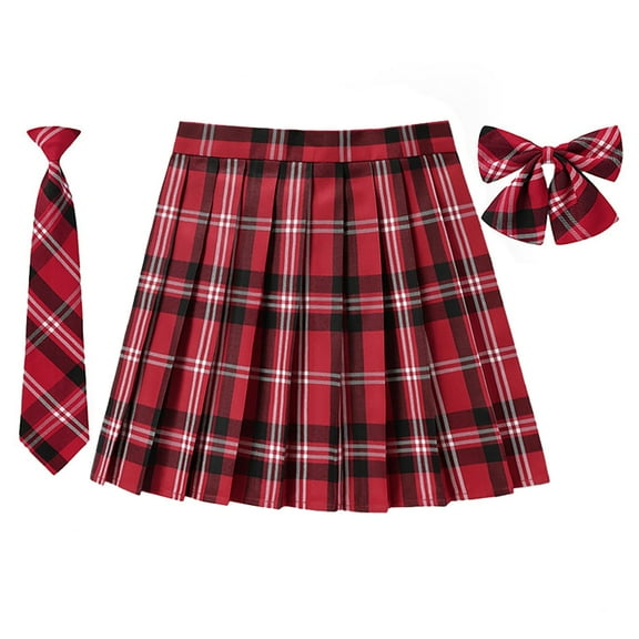 SAWKMW Women's Girls Plaid Pleated Skirt With Necktie Bowtie High Waisted School Uniform A-line Pleated JK Skirt Skater Tennis(Z2-Red,L)