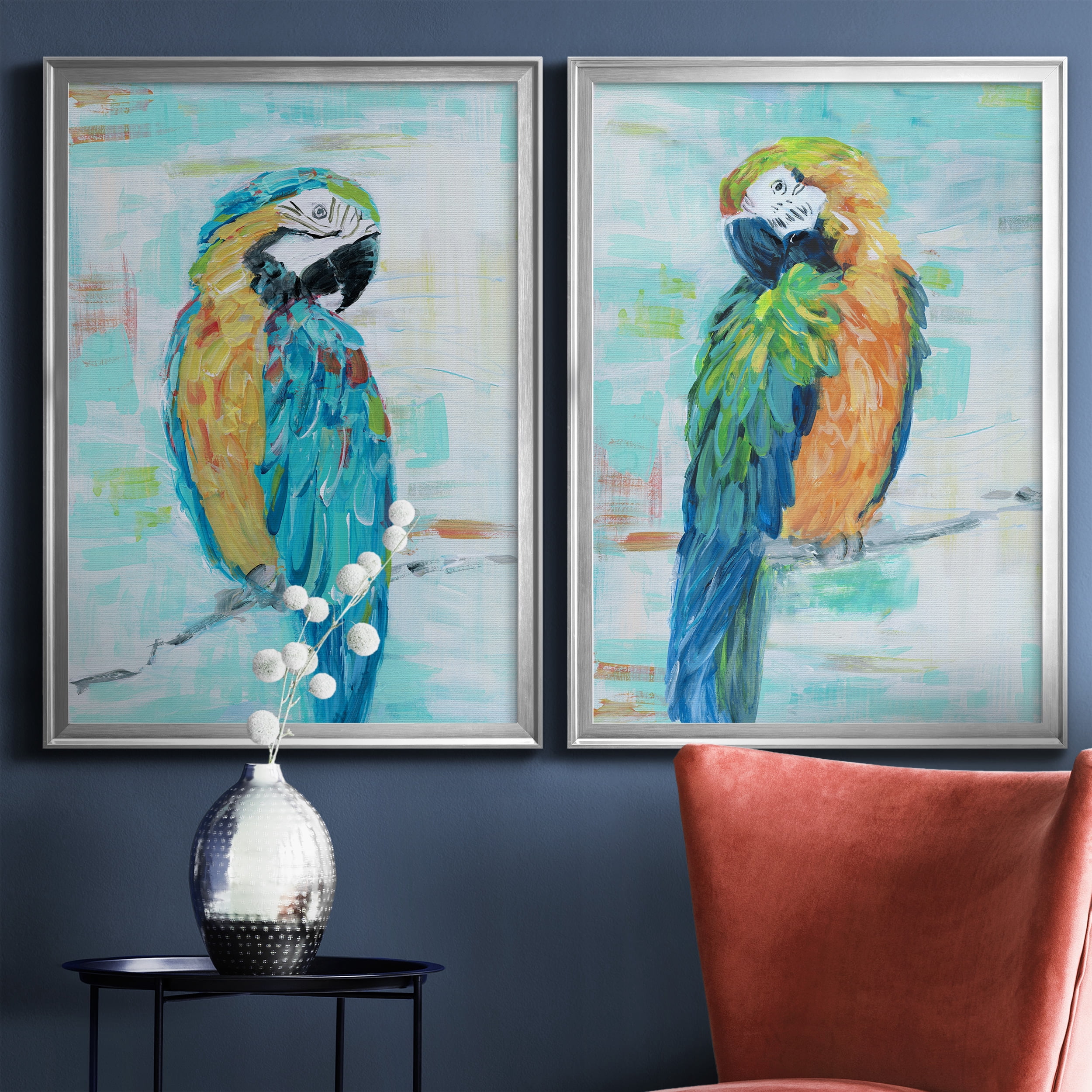 2 Piece Set Island Parrot I Premium Framed Canvas - Ready to Hang - 26.5 x 36.5 Each - Silver Frame