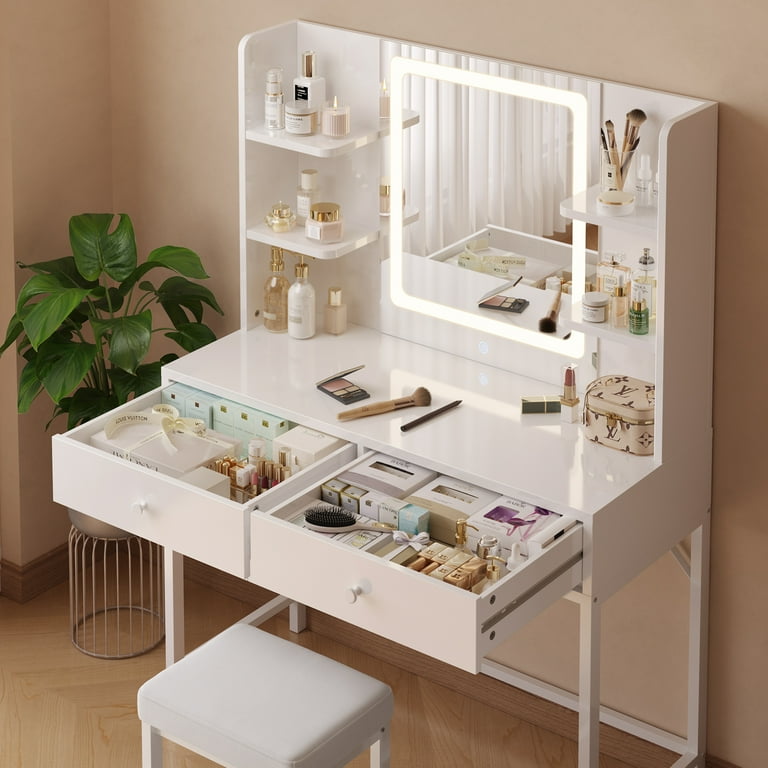 Makeup Vanity Sets with Rectangle Lighted Mirror, Bedroom Makeup Dressing Table with 5 Drawers, White