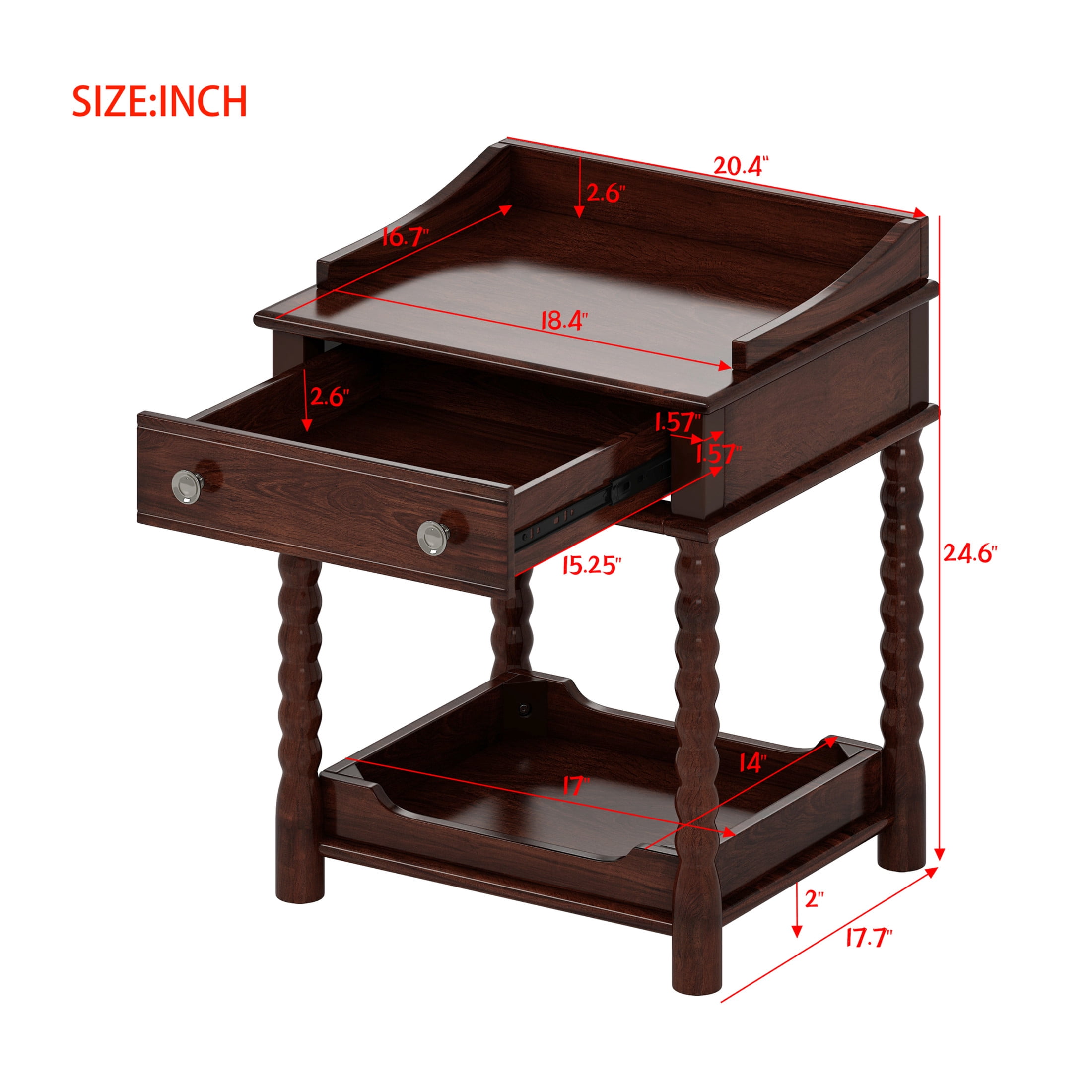 Noble House Retro Nightstand with Drawer and Open Shelf, Bedside Table with Turned Legs, Walnut
