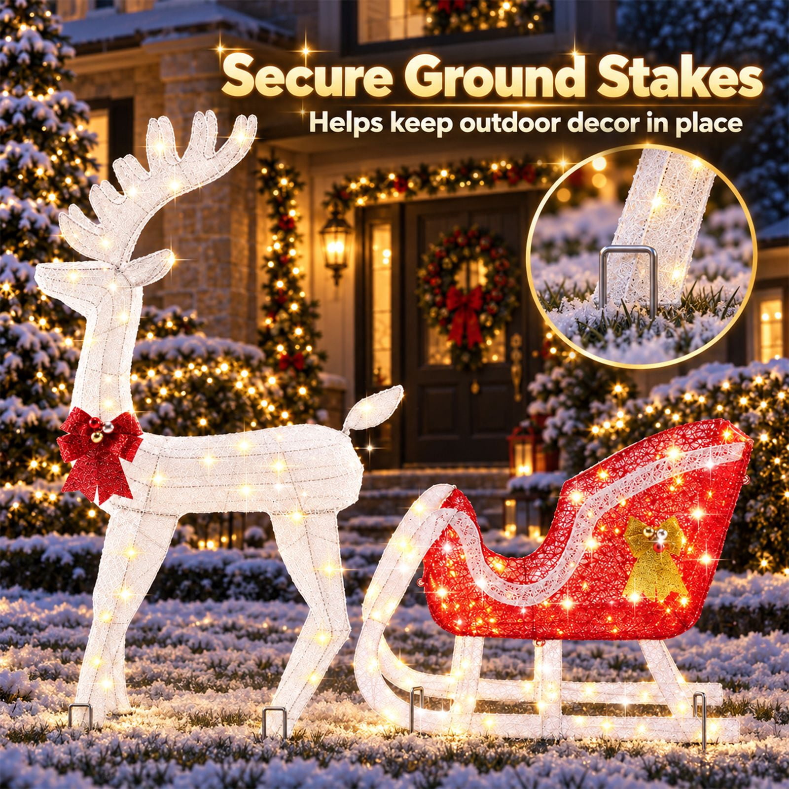 Alvantor Christmas Decoration Lighted Reindeer Sleigh, 180 LEDs, Yard Decor, White, 25.6 x 9.1 x 47.6 In