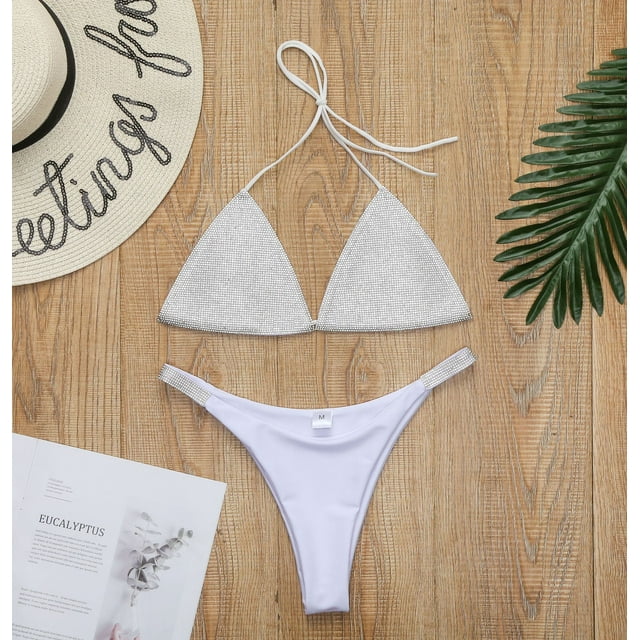 Mialoley Women's Halter Bikini Set Shiny Rhinestone Triangle Bottom Swimsuits