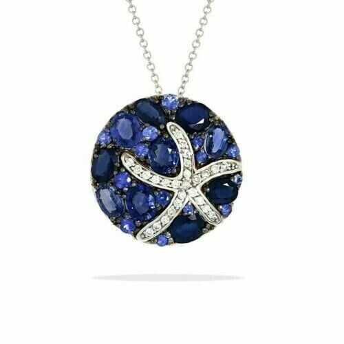 Oval Cut 1 CT Lab Created Blue Sapphire Starfish Pendant 14K White Gold Plated Silver 18"Chain