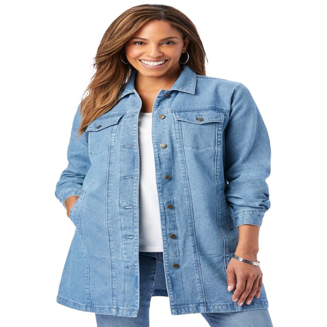 Jessica London Women‘s Plus Size Long Denim Jacket Oversized Jean Jacket - 18 W Medium Stonewash