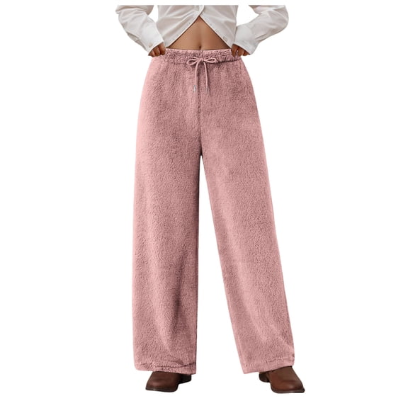 felwors Women's Fuzzy Plush Pajama Pants Drawstring Elastic Waist Wide Leg Teddy Pj Bottoms Lounge Pants Pink, L