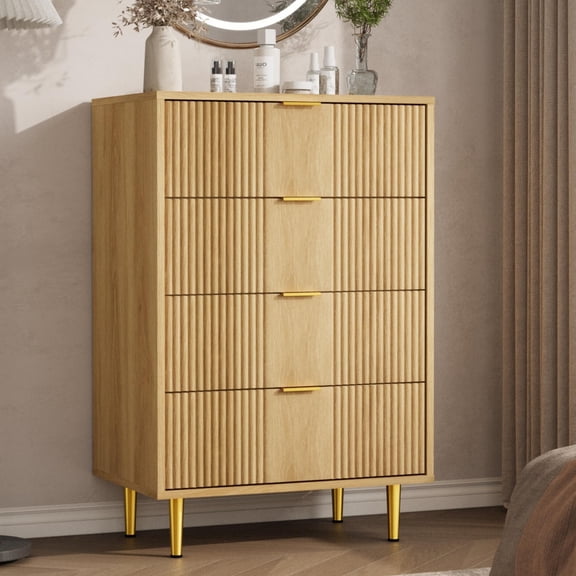 Modern Fluted Bedroom Dresser – 4 Drawers Wooden Chest, Space-Saving Clothes Organizer with Metal Handles, Ideal for Bedroom, Living Room, Nursery or Hallway – Natural Oak
