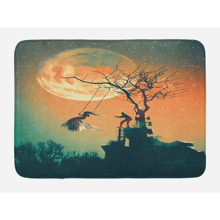 Fantasy World Bath Mat, Spooky Night Zombie Bride and Groom Lady on Swing Under Starry Sky Full Moon, Non-Slip Plush Mat Bathroom Kitchen Laundry Room Decor, 29.5 X 17.5 Inches, Orange Teal, Ambesonne