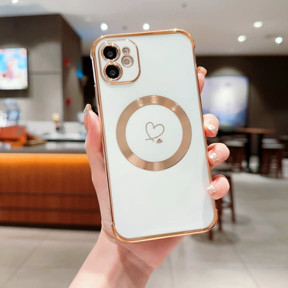 Plating Magnetic Case for iPhone 11, Compatible with MagSafe Wireless Charging Slim Lightweight Cover, Fashion Cute Love Hearts Pattern Lens Protection Case for Girls Women,White