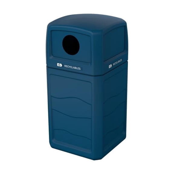 Sturdy Essentials Large 50 Gallon 100% Recycled Plastic Heavy Duty Recycling Bin for Commercial Space with Modern High End Aesthetic and Covered Lid for Bottles and Cans - (Blue Covered Bottles)