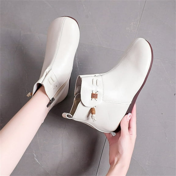 Fesfesfes Booties For Women Low Heel Womens Fashion Solid Boots Zipper Women Round Toe Flat Heel Boots Shoes 7.5(40)