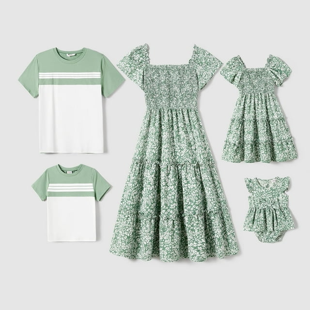 PatPat Tenues Assorties pour la Famille Robes Smockées à Imprimé Floral Intégral et Robe en Coton à Rayures Colorblock Fillette 4-5 Ans