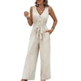 thumbnail image 2 of ClodeEU Women's Striped V Neck Button Sleeveless Tops and Wide Leg Jumpsuit with Pockets ,Cinched Waist Casual Long Romper Beige,Womens Plus XL, 2 of 8
