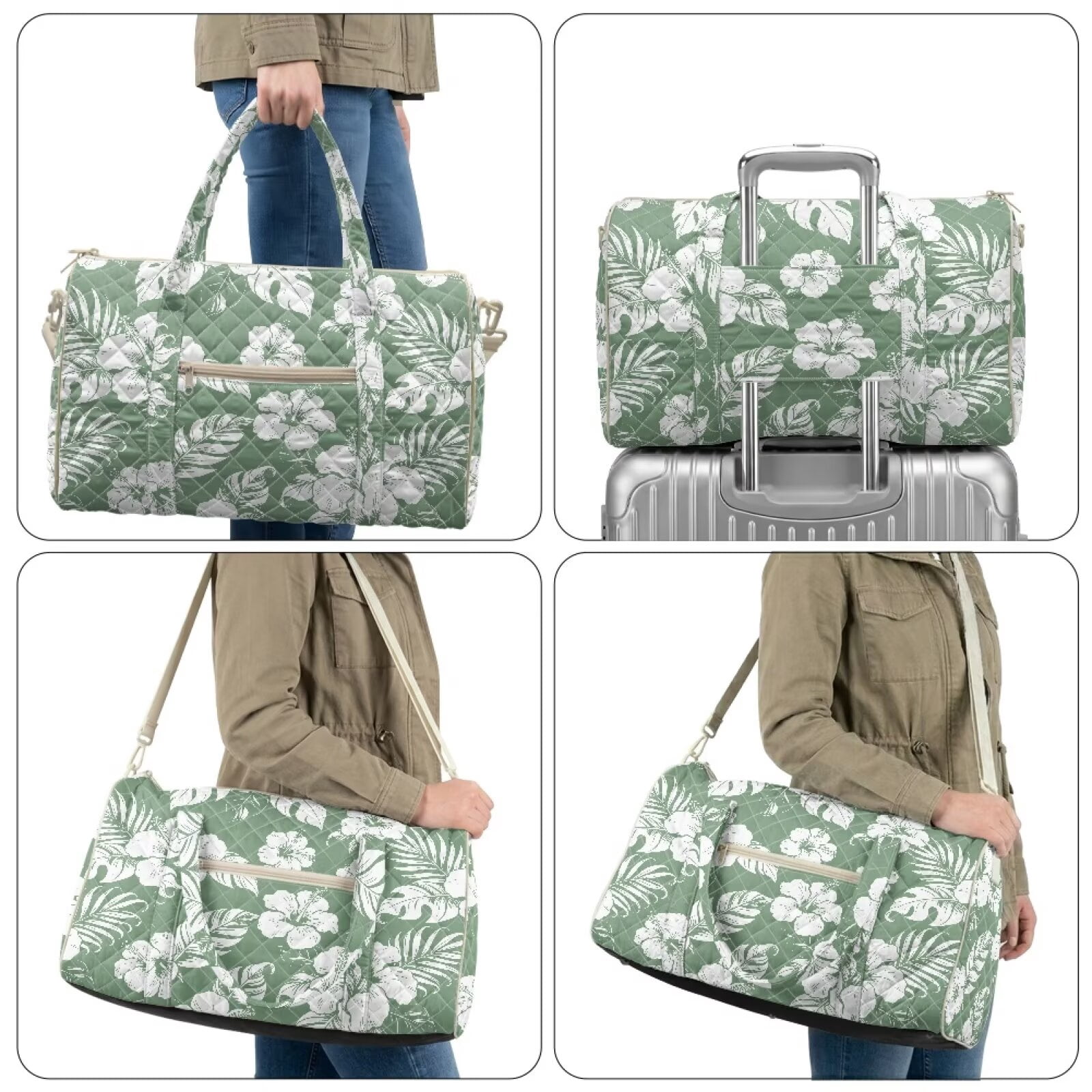 Garronmavis Large Sage Green Tropical Floral Quilted Duffle Bag for Women, Weekender Travel Bag Carry On Tote with Zipper Pockets for Gym, Overnight Trips & Dance
