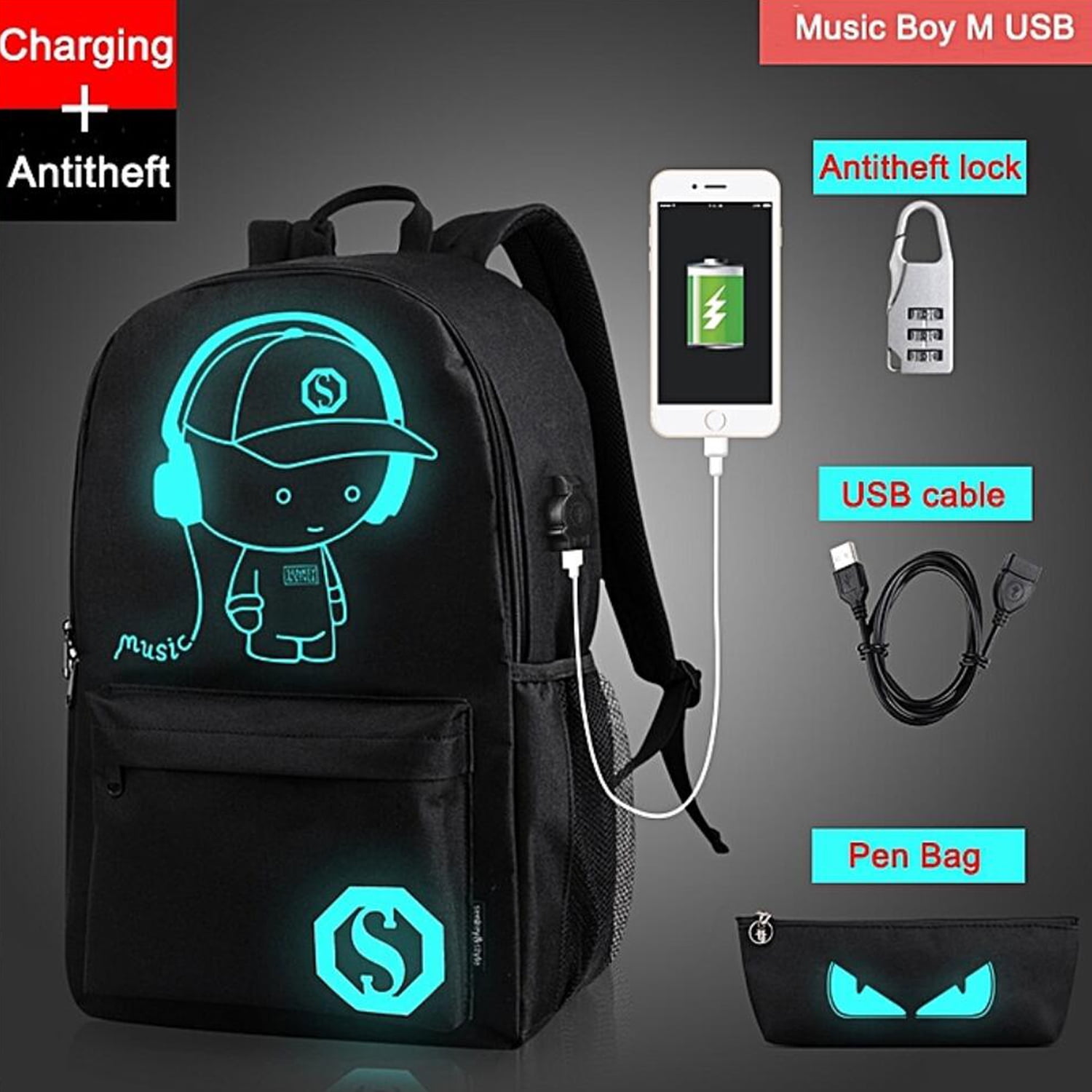 LJFG Luminous School Bags Print Letter USB Charge Backpacks Men Laptop Rucksack 