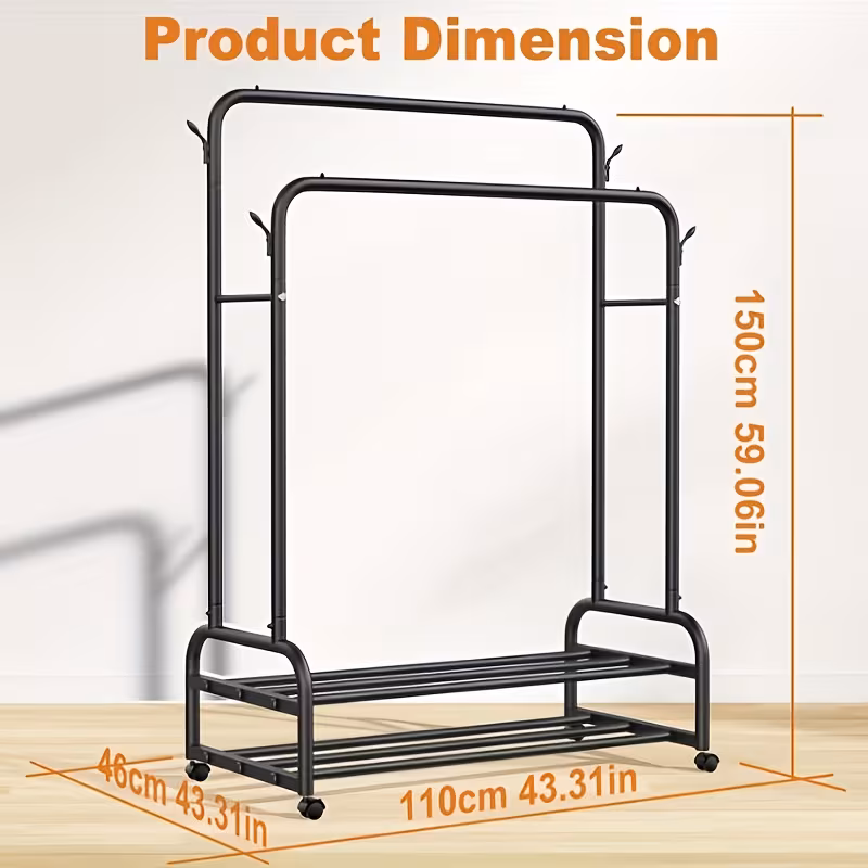 Black Heavy Duty Metal Double Rod Clothes Rack with Wheels, Shelves & Hooks, Rolling Garment Rack for Bedroom Closet