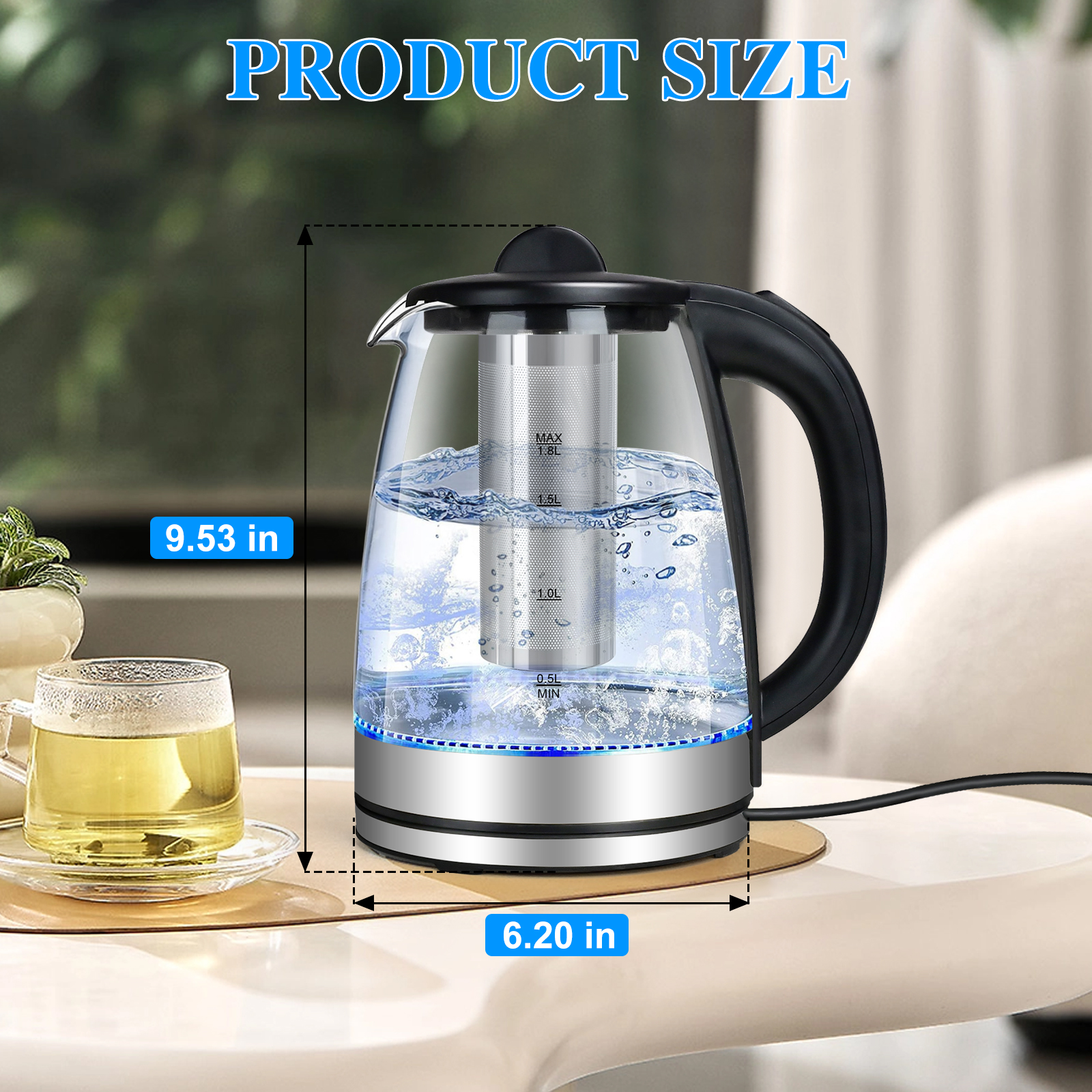 TINANA Electric Glass Tea Kettle with Infuser, 2L, 1500W photo 4