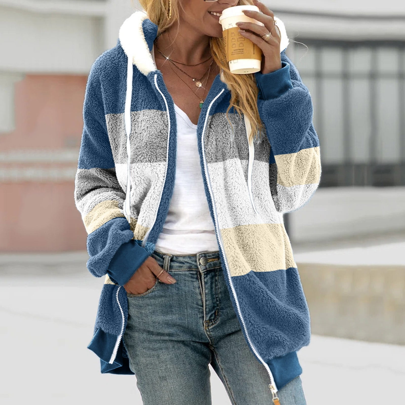 Avdjesfny Fleece Jackets for Women 2024 Winter Sherpa Lined Full Zip Hooded Jacket Plus Size Fuzzy Coats with Pockets S-5XL Warm Heavy weight Sweatshirt
