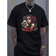 thumbnail image 2 of T-Shirt Graphique d'Horreur Gothique pour Hommes - T-Shirt Blanc avec Maquillage de Crâne pour Femmes et Roses Rouges - Chemise Légère et Respirante en Polyester pour Mode Urbaine, Halloween, Concerts - Haut à Col Rond Lavable à la Machine pour, 2 of 5