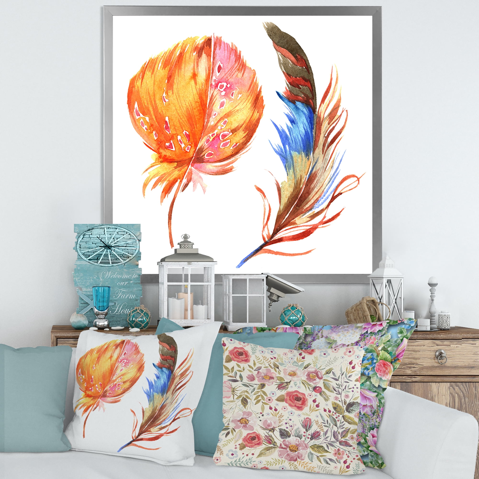 Designart 'Ethnic Brown and Colorful Feather ' Bohemian & Eclectic Framed Art Print