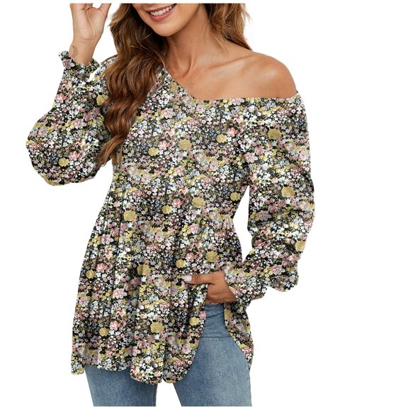 Pleated Tunic Blouse for Women Casual Print Long Sleeve V-neck Tunic Tops