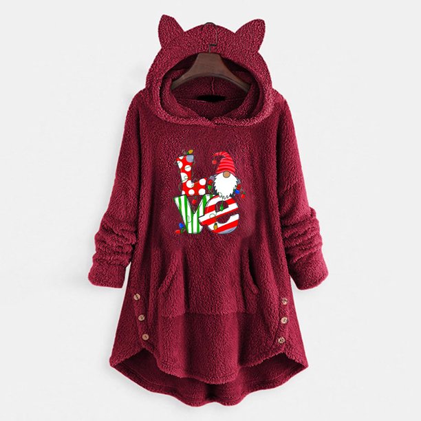 Pntutb Mujer Casual Navidad Impresión Botones De Felpa Manga Larga Con Capucha Abrigo De Felpa Top Rollbacks Pntutb Pntutb-4299