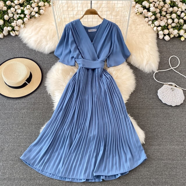 Formal Women's Dress V-neck Pleated Dress Elegant Temperament Waist Lace-up Hem Long Skirt Office Lady Evening Dresses VestidosM Gao Jinjia LED