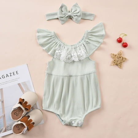 

uublik Girls Clothes Cute Flutter Sleeve Lace Ribbed Clothes Romper Hairband Outfits