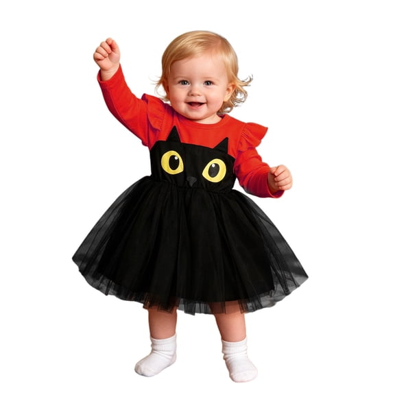 FUZHIQ Toddler Girls Halloween Dress Long Sleeve Tutu Dresses Big Eyed Cat Printed Princess Tutu Dress Fall Winter Clothes for Halloween Party Holiday, 18-24 Months