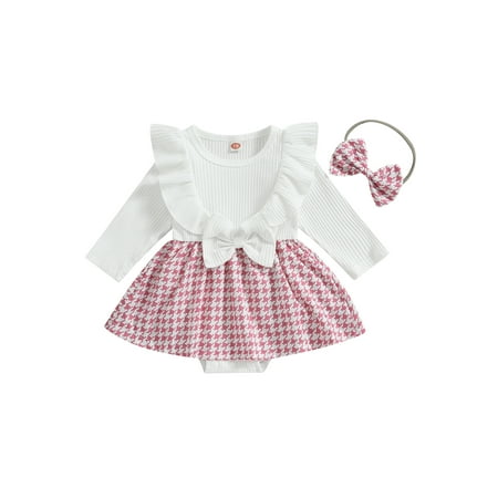

Biekopu Infant Girl Summer Rompers Dress Long Sleeve Rib Knit Houndstooth Skirt Hem Jumpsuits with Headband