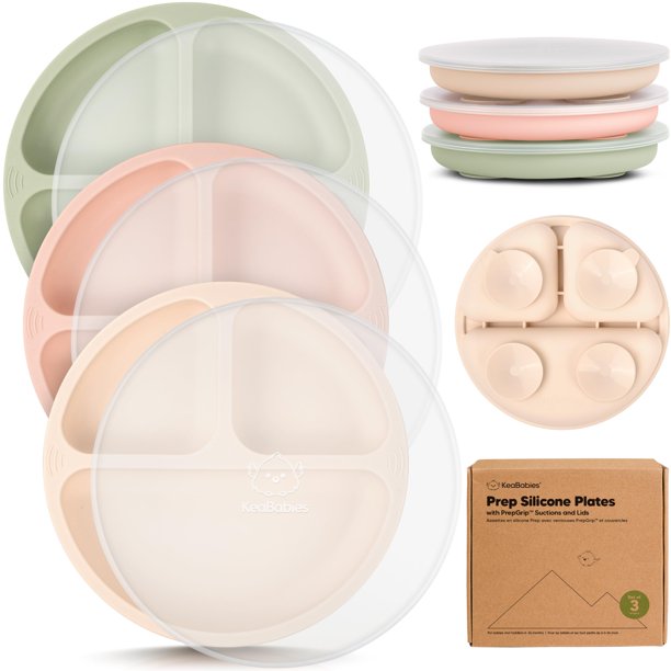 Set de 3 Platos de Silicona con Succión para Niños Pequeños KeaBabies con Tapas