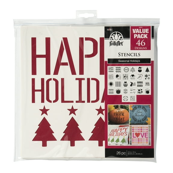 FolkArt Paper Stencil Value Pack, Holiday, 12 in x 12 in, 26 Piece
