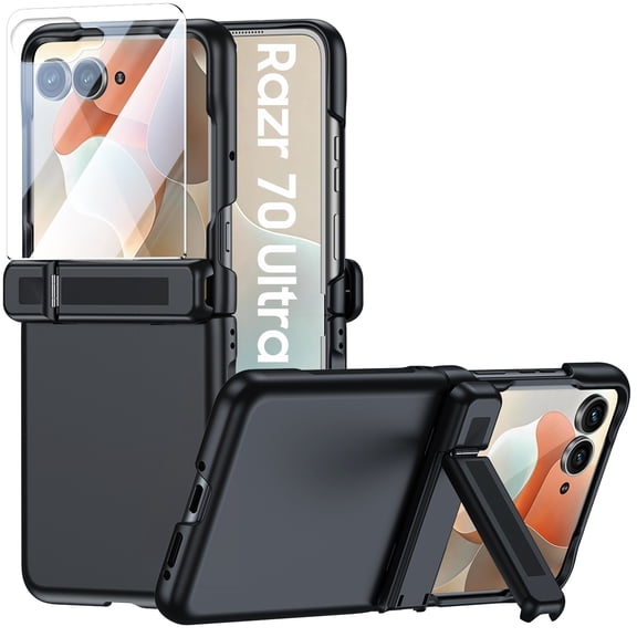 Vizvera for Motorola Razr Ultra 2025/2026 Phone Case,with Hinge Protection,Kickstand,Full-Body Rugged Anti-Scratch Shockproof Case-Black