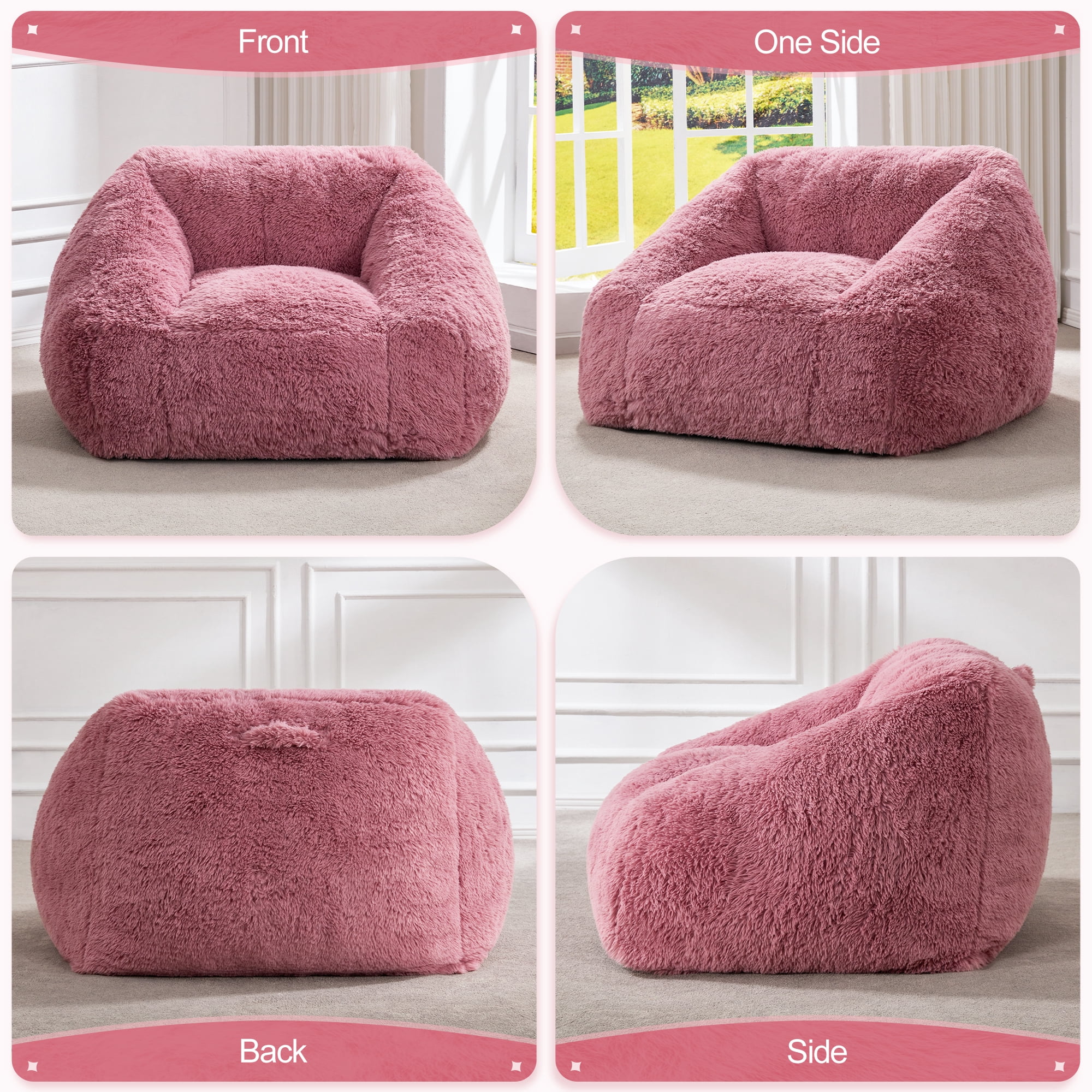 Hobestluk Oversized Bean Bag Chair for Adults with Filler, Large Cozy Reading Chair, Comfortable Lounge Chair for Living Room and Bedroom (Pink Plush)