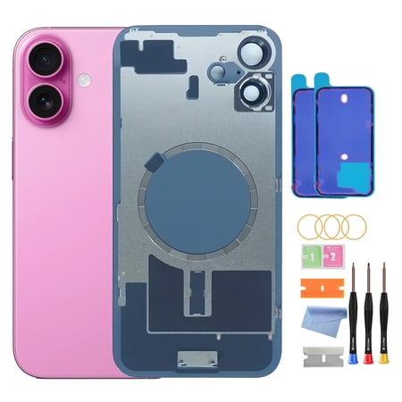OEM Back Glass Replacement for iPhone 16 Plus (6.7-Inch) – Metal Camera Frame, Lens Glass & Magnet – Includes Repair Tools(Pink)